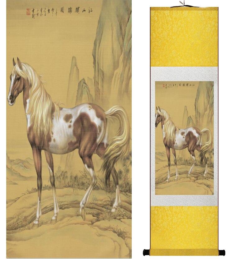 Chinese Art Scroll Painting Animal Horse Ancient Silk Picture Wall Ideas 15350-Chinese Style Finds™