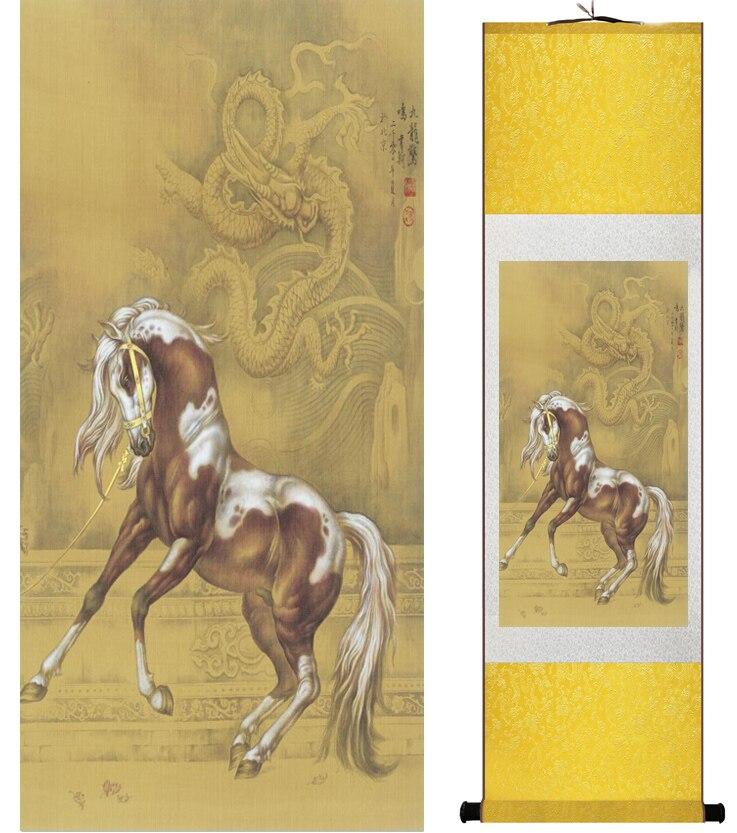 Chinese Art Scroll Painting Animal Horse Ancient Silk Picture Wall Ideas 15358-Chinese Style Finds™