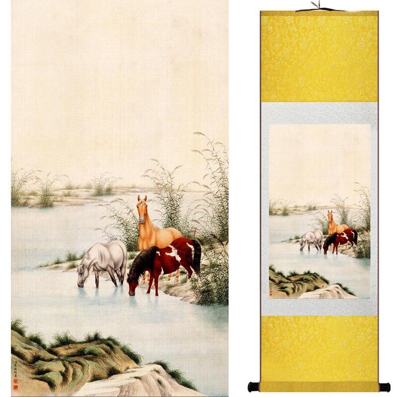 Chinese Art Scroll Painting Animal Horse Ancient Silk Picture Wall Ideas 16452-Chinese Style Finds™