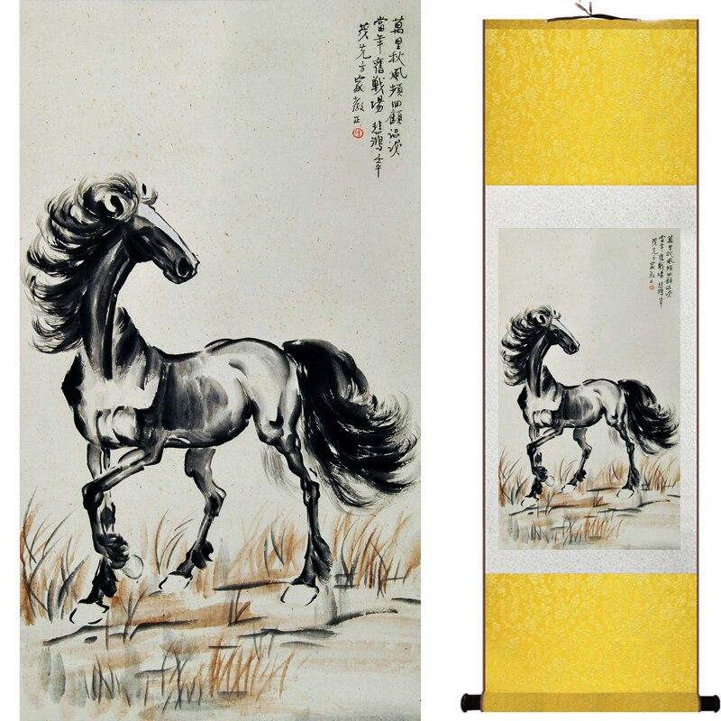 Chinese Art Scroll Painting Animal Horse Ancient Silk Picture Wall Ideas 16530-Chinese Style Finds™