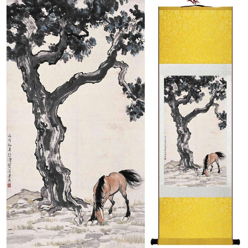 Chinese Art Scroll Painting Animal Horse Ancient Silk Picture Wall Ideas 16714-Chinese Style Finds™