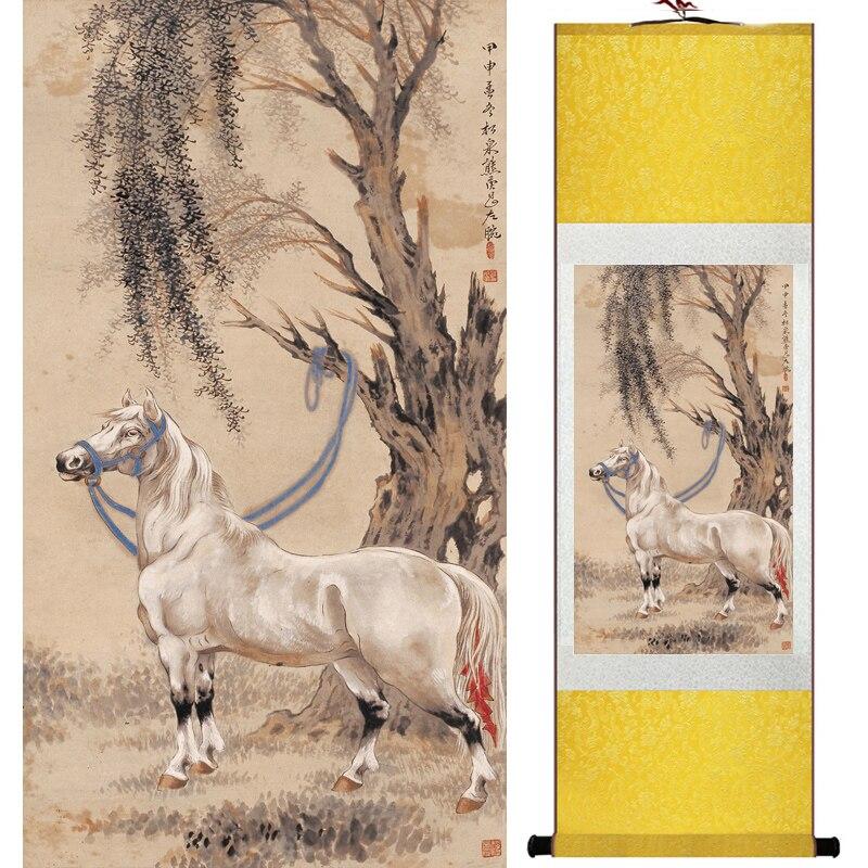 Chinese Art Scroll Painting Animal Horse Ancient Silk Picture Wall Ideas 16718-Chinese Style Finds™