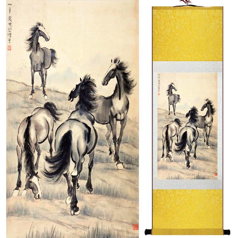 Chinese Art Scroll Painting Animal Horse Ancient Silk Picture Wall Ideas 16722-Chinese Style Finds™