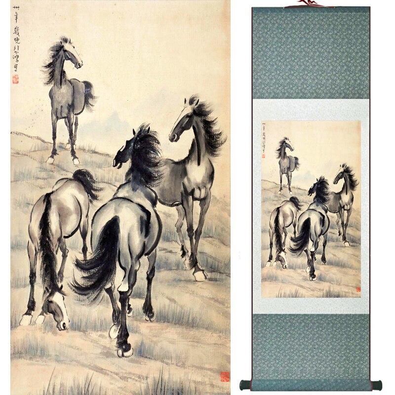 Chinese Art Scroll Painting Animal Horse Ancient Silk Picture Wall Ideas 16722-Chinese Style Finds™