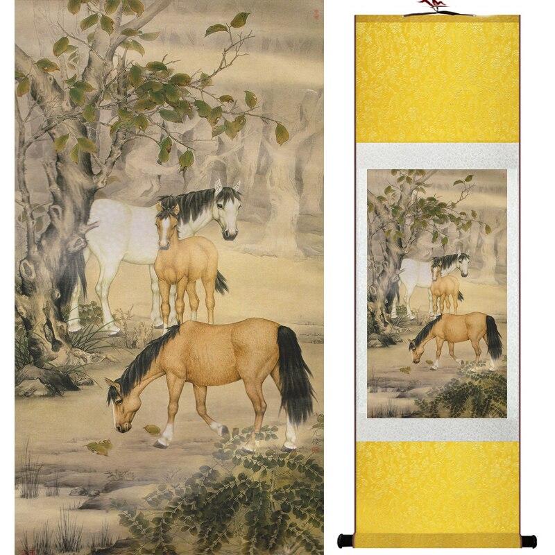 Chinese Art Scroll Painting Animal Horse Ancient Silk Picture Wall Ideas 16726-Chinese Style Finds™