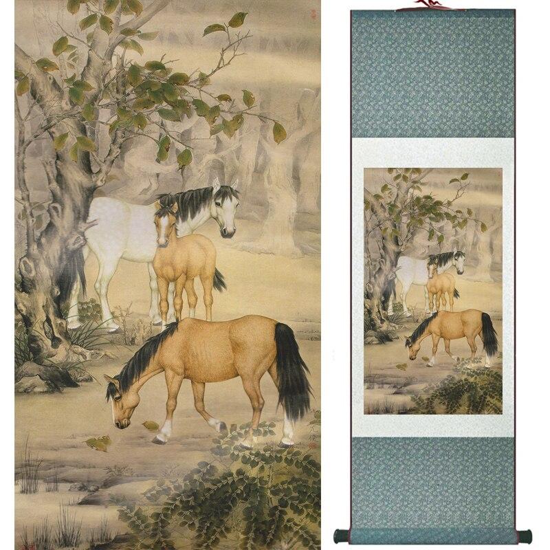 Chinese Art Scroll Painting Animal Horse Ancient Silk Picture Wall Ideas 16726-Chinese Style Finds™