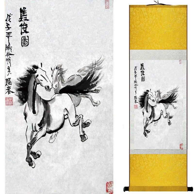 Chinese Art Scroll Painting Animal Horse Ancient Silk Picture Wall Ideas 16750-Chinese Style Finds™