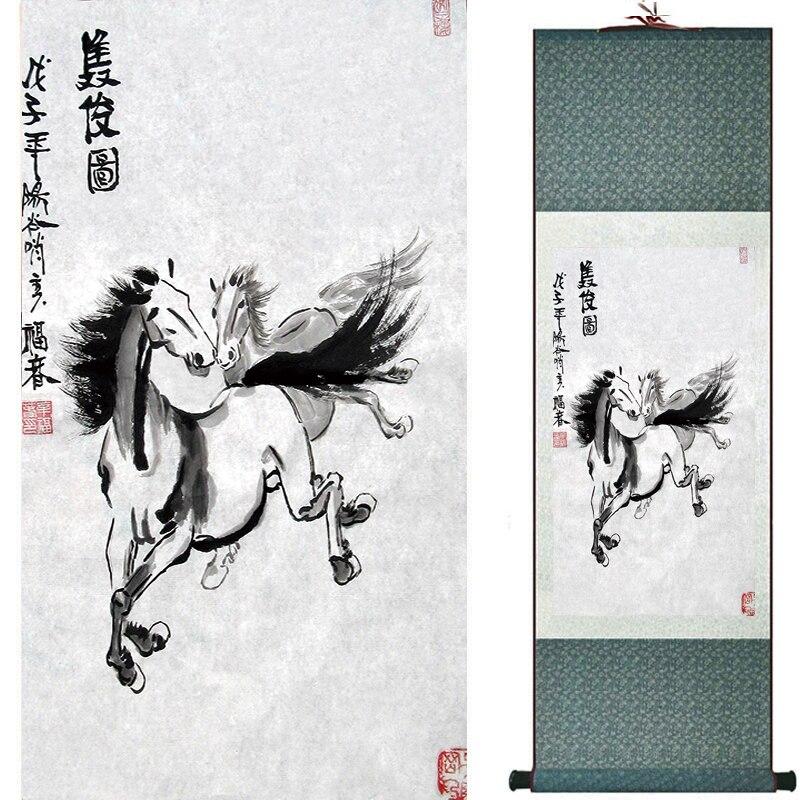 Chinese Art Scroll Painting Animal Horse Ancient Silk Picture Wall Ideas 16750-Chinese Style Finds™