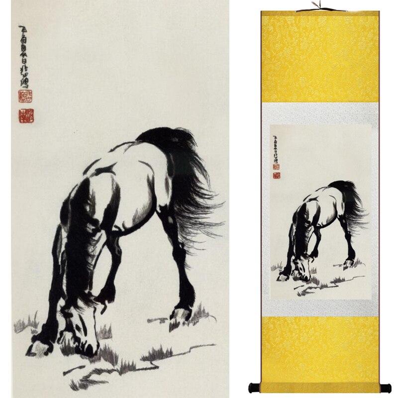 Chinese Art Scroll Painting Animal Horse Ancient Silk Picture Wall Ideas 16910-Chinese Style Finds™