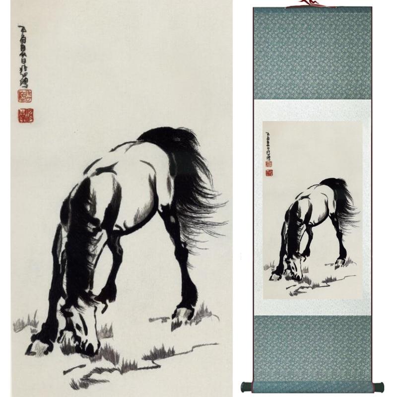 Chinese Art Scroll Painting Animal Horse Ancient Silk Picture Wall Ideas 16910-Chinese Style Finds™