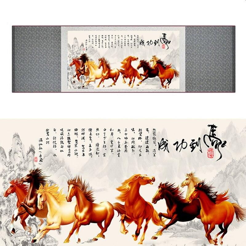 Chinese Art Scroll Painting Animal Horse Ancient Silk Picture Wall Ideas 17150-Chinese Style Finds™