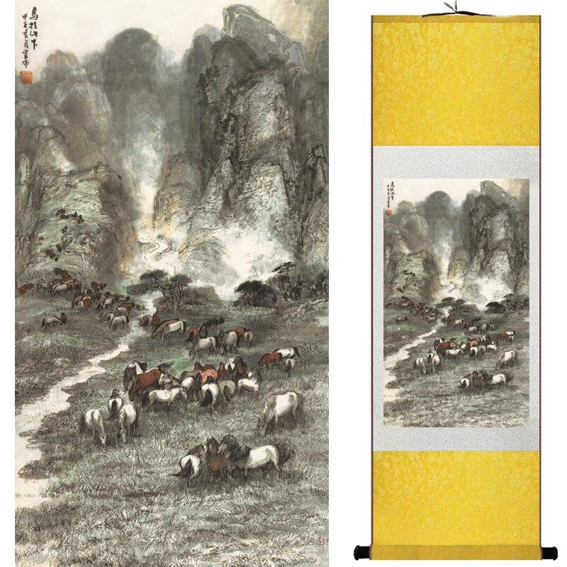 Chinese Art Scroll Painting Animal Horse Ancient Silk Picture Wall Ideas 18366-Chinese Style Finds™