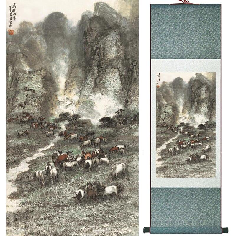 Chinese Art Scroll Painting Animal Horse Ancient Silk Picture Wall Ideas 18366-Chinese Style Finds™