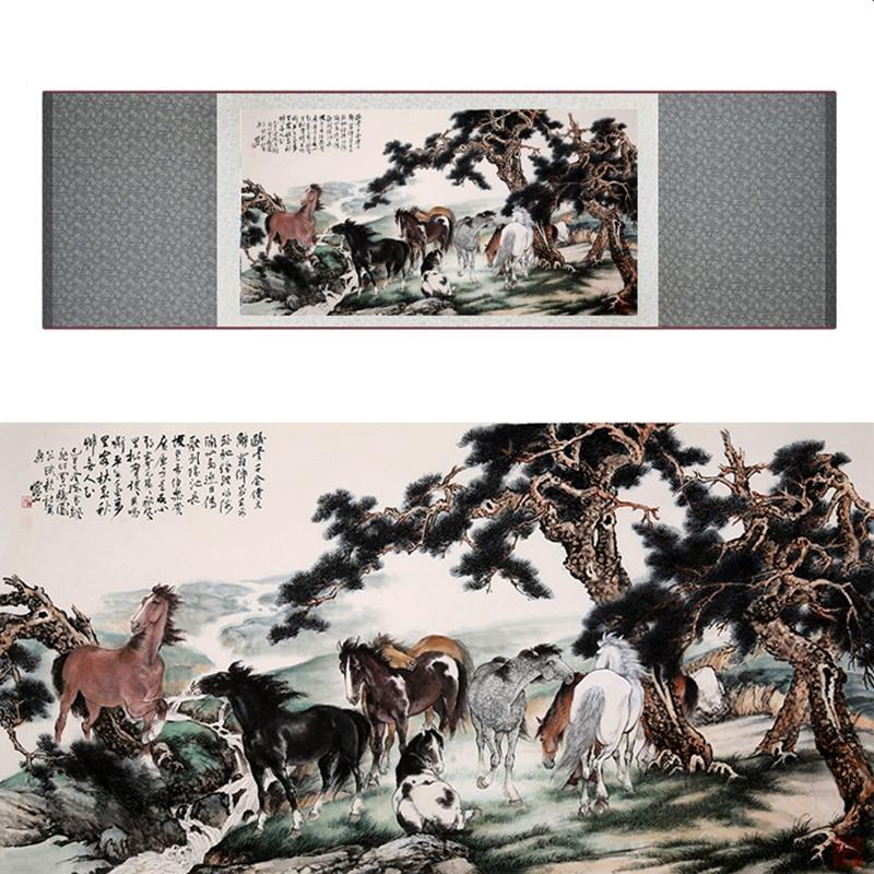 Chinese Art Scroll Painting Animal Horse Ancient Silk Picture Wall Ideas 18420-Chinese Style Finds™