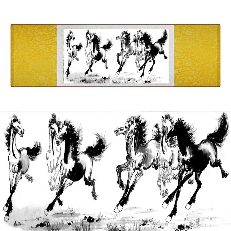 Chinese Art Scroll Painting Animal Horse Ancient Silk Picture Wall Ideas 18428-Chinese Style Finds™