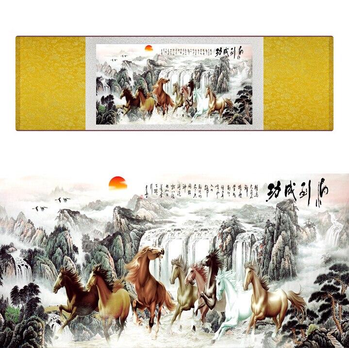 Chinese Art Scroll Painting Animal Horse Eight Ancient Silk Picture Wall Ideas 11426-Chinese Style Finds™