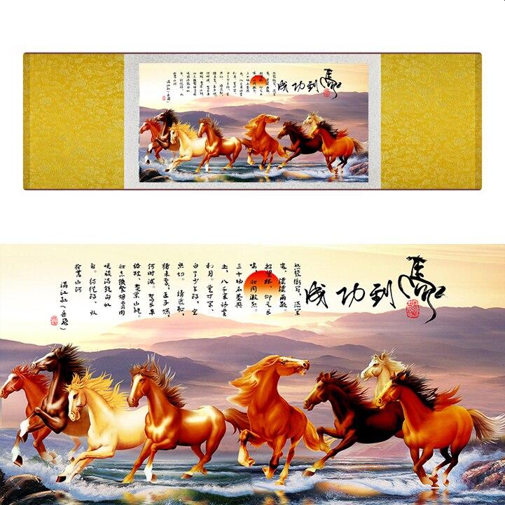 Chinese Art Scroll Painting Animal Horse Eight Ancient Silk Picture Wall Ideas 17238-Chinese Style Finds™