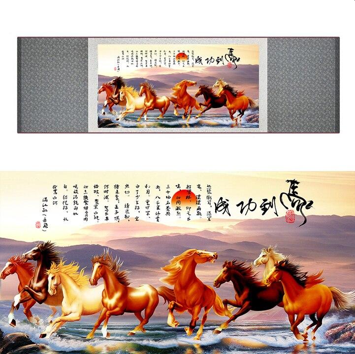 Chinese Art Scroll Painting Animal Horse Eight Ancient Silk Picture Wall Ideas 17238-Chinese Style Finds™