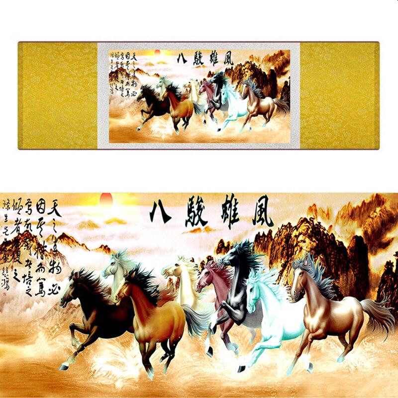 Chinese Art Scroll Painting Animal Horse Eight Ancient Silk Picture Wall Ideas 17242-Chinese Style Finds™