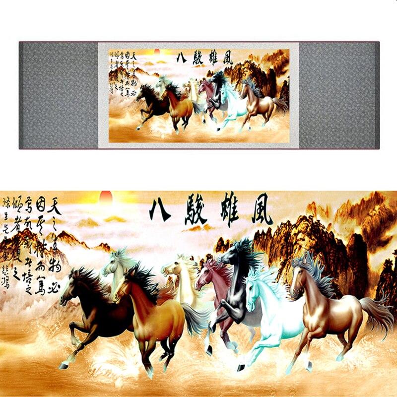 Chinese Art Scroll Painting Animal Horse Eight Ancient Silk Picture Wall Ideas 17242-Chinese Style Finds™