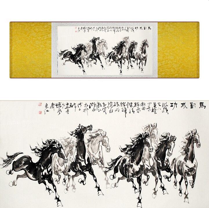 Chinese Art Scroll Painting Animal Horse Eight Ancient Silk Picture Wall Ideas 17250-Chinese Style Finds™