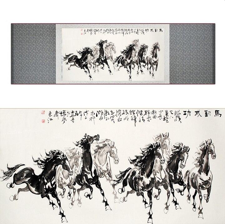 Chinese Art Scroll Painting Animal Horse Eight Ancient Silk Picture Wall Ideas 17250-Chinese Style Finds™