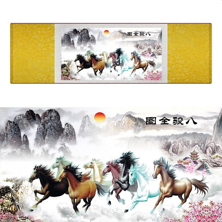 Chinese Art Scroll Painting Animal Horse Eight Ancient Silk Picture Wall Ideas 17254-Chinese Style Finds™