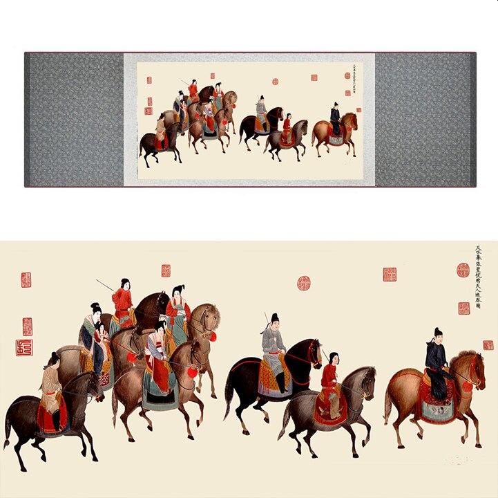 Chinese Art Scroll Painting Animal Horse Eight Ancient Silk Picture Wall Ideas 17258-Chinese Style Finds™