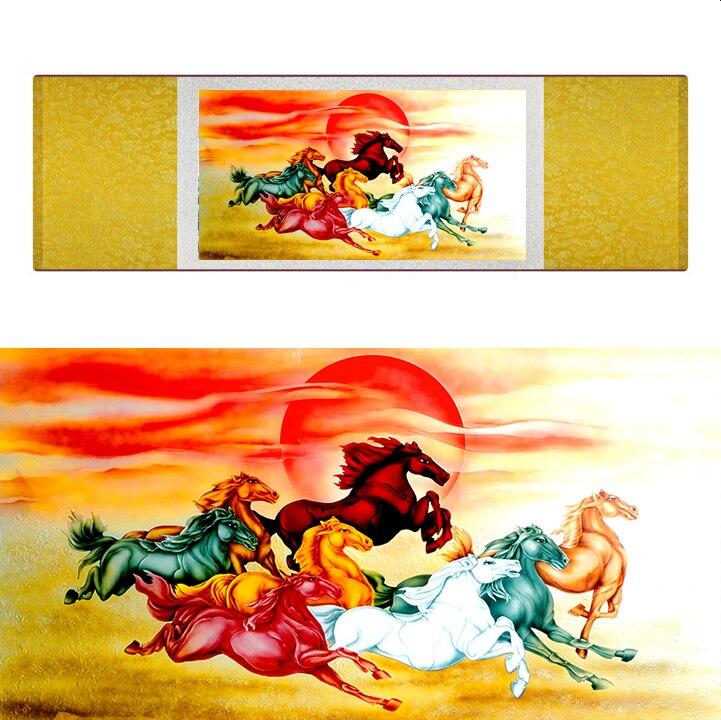 Chinese Art Scroll Painting Animal Horse Eight Ancient Silk Picture Wall Ideas 17262-Chinese Style Finds™