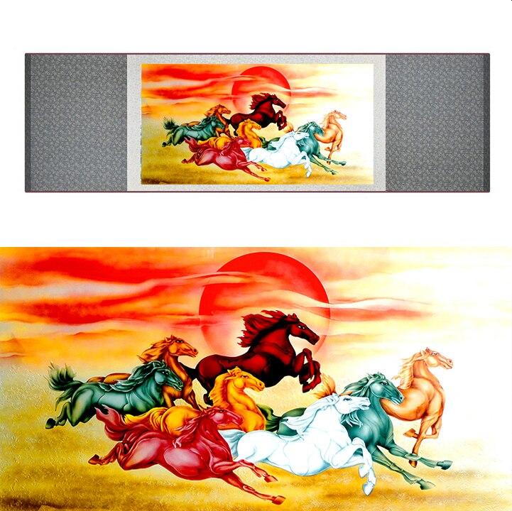 Chinese Art Scroll Painting Animal Horse Eight Ancient Silk Picture Wall Ideas 17262-Chinese Style Finds™