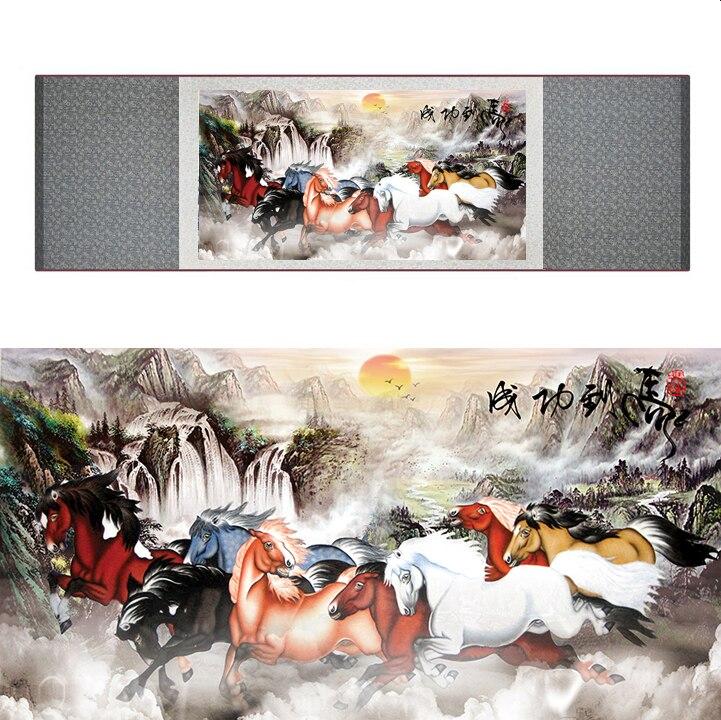 Chinese Art Scroll Painting Animal Horse Eight Ancient Silk Picture Wall Ideas 17266-Chinese Style Finds™