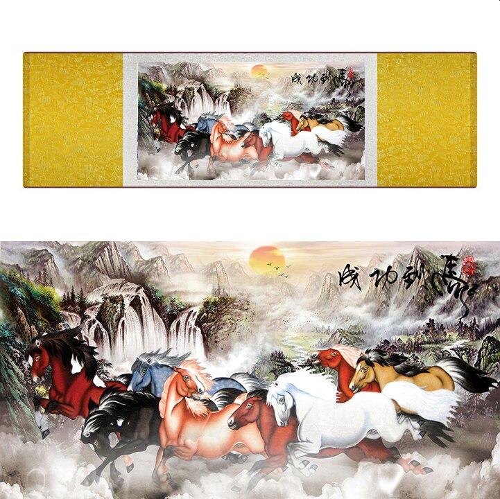 Chinese Art Scroll Painting Animal Horse Eight Ancient Silk Picture Wall Ideas 17266-Chinese Style Finds™