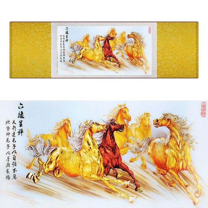 Chinese Art Scroll Painting Animal Horse Eight Ancient Silk Picture Wall Ideas 17270-Chinese Style Finds™