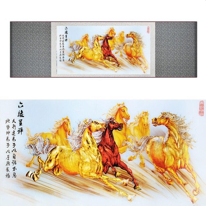 Chinese Art Scroll Painting Animal Horse Eight Ancient Silk Picture Wall Ideas 17270-Chinese Style Finds™