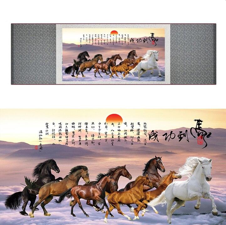 Chinese Art Scroll Painting Animal Horse Eight Ancient Silk Picture Wall Ideas 17274-Chinese Style Finds™