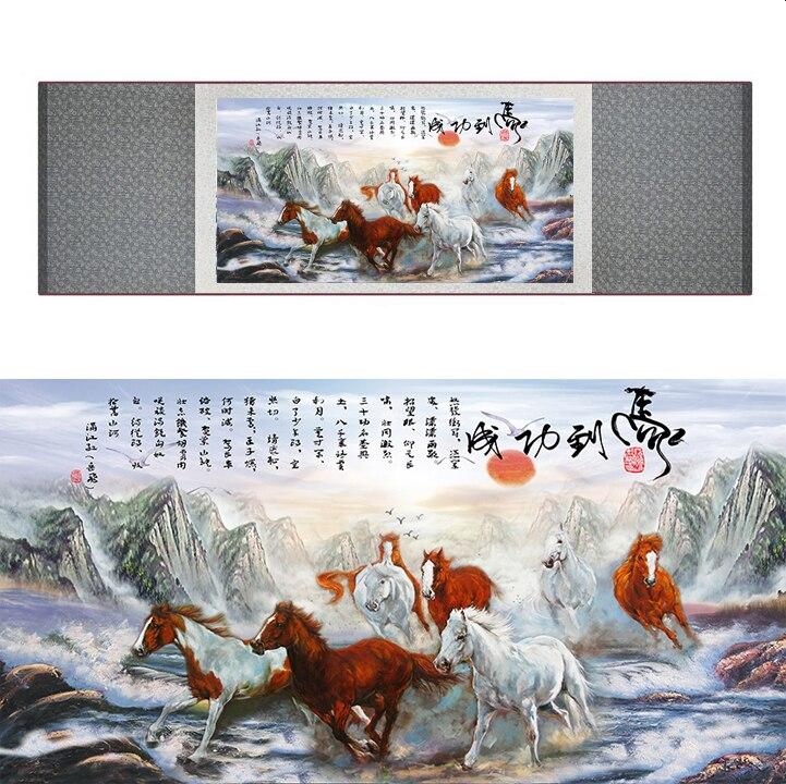 Chinese Art Scroll Painting Animal Horse Eight Ancient Silk Picture Wall Ideas 17278-Chinese Style Finds™