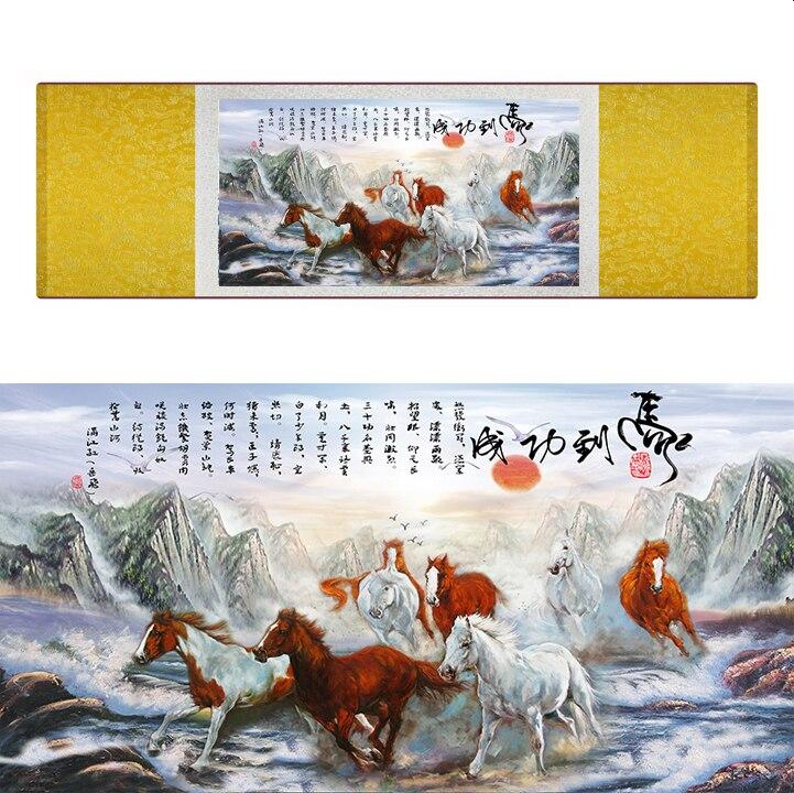 Chinese Art Scroll Painting Animal Horse Eight Ancient Silk Picture Wall Ideas 17278-Chinese Style Finds™