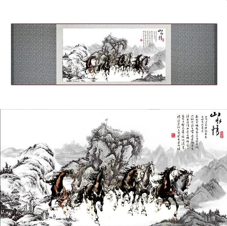 Chinese Art Scroll Painting Animal Horse Eight Ancient Silk Picture Wall Ideas 17282-Chinese Style Finds™