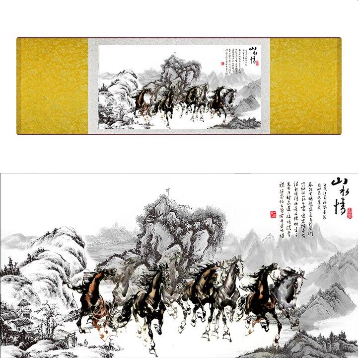 Chinese Art Scroll Painting Animal Horse Eight Ancient Silk Picture Wall Ideas 17282-Chinese Style Finds™