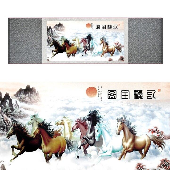 Chinese Art Scroll Painting Animal Horse Eight Ancient Silk Picture Wall Ideas 17286-Chinese Style Finds™