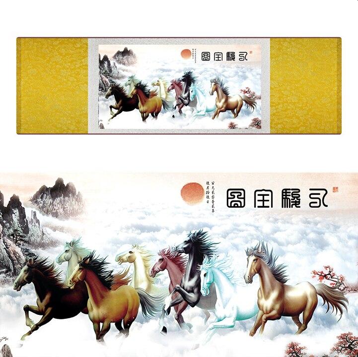 Chinese Art Scroll Painting Animal Horse Eight Ancient Silk Picture Wall Ideas 17286-Chinese Style Finds™