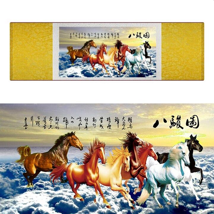 Chinese Art Scroll Painting Animal Horse Eight Ancient Silk Picture Wall Ideas 17290-Chinese Style Finds™