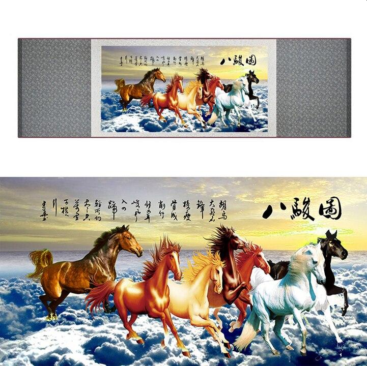 Chinese Art Scroll Painting Animal Horse Eight Ancient Silk Picture Wall Ideas 17290-Chinese Style Finds™