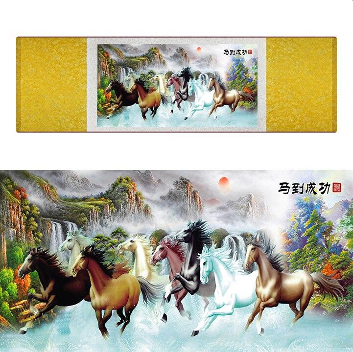 Chinese Art Scroll Painting Animal Horse Eight Ancient Silk Picture Wall Ideas 17294-Chinese Style Finds™