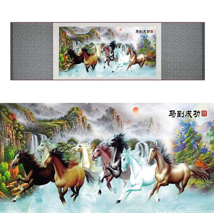 Chinese Art Scroll Painting Animal Horse Eight Ancient Silk Picture Wall Ideas 17294-Chinese Style Finds™