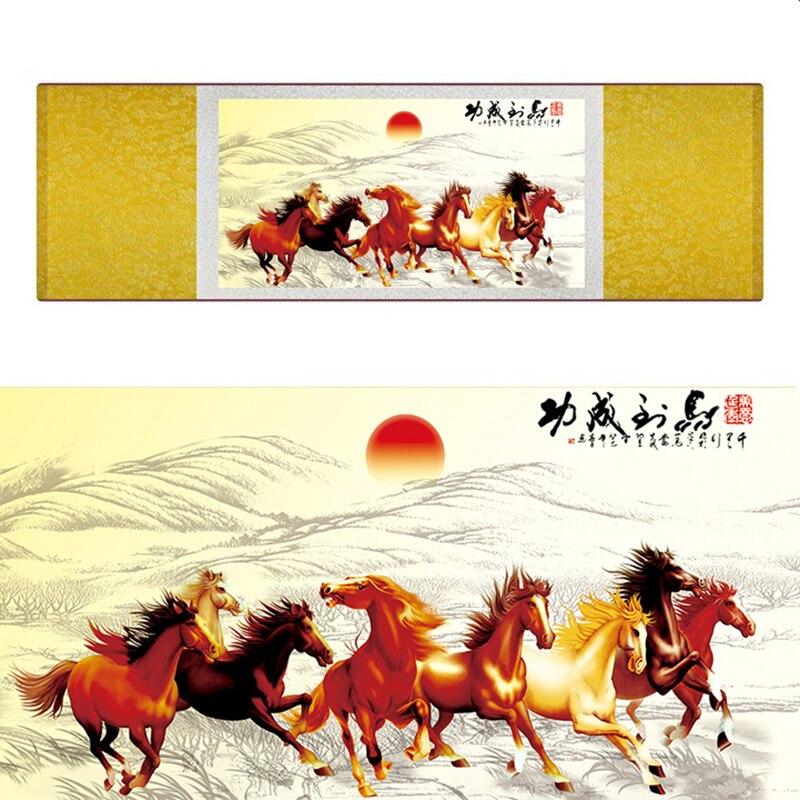 Chinese Art Scroll Painting Animal Horse Eight Ancient Silk Picture Wall Ideas 18612-Chinese Style Finds™