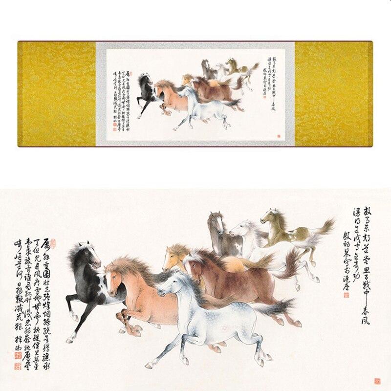 Chinese Art Scroll Painting Animal Horse Eight Ancient Silk Picture Wall Ideas 18620-Chinese Style Finds™