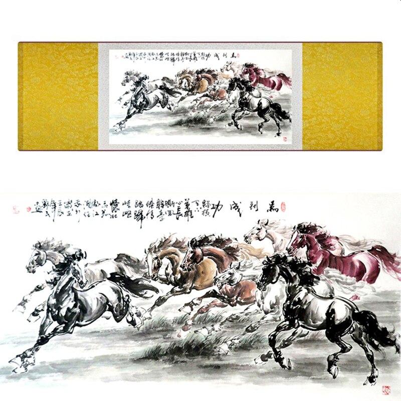 Chinese Art Scroll Painting Animal Horse Eight Ancient Silk Picture Wall Ideas 18628-Chinese Style Finds™