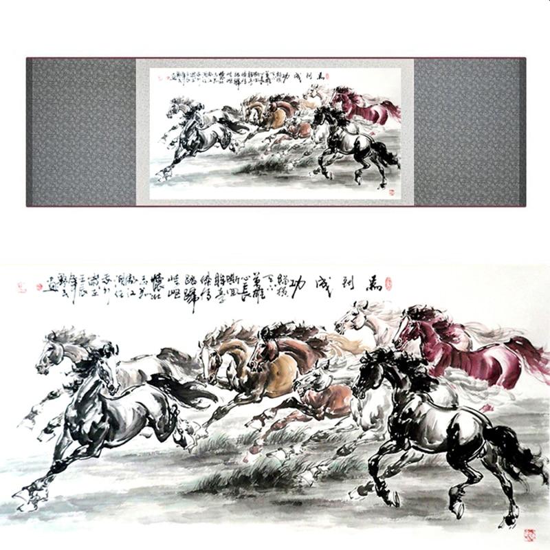 Chinese Art Scroll Painting Animal Horse Eight Ancient Silk Picture Wall Ideas 18628-Chinese Style Finds™