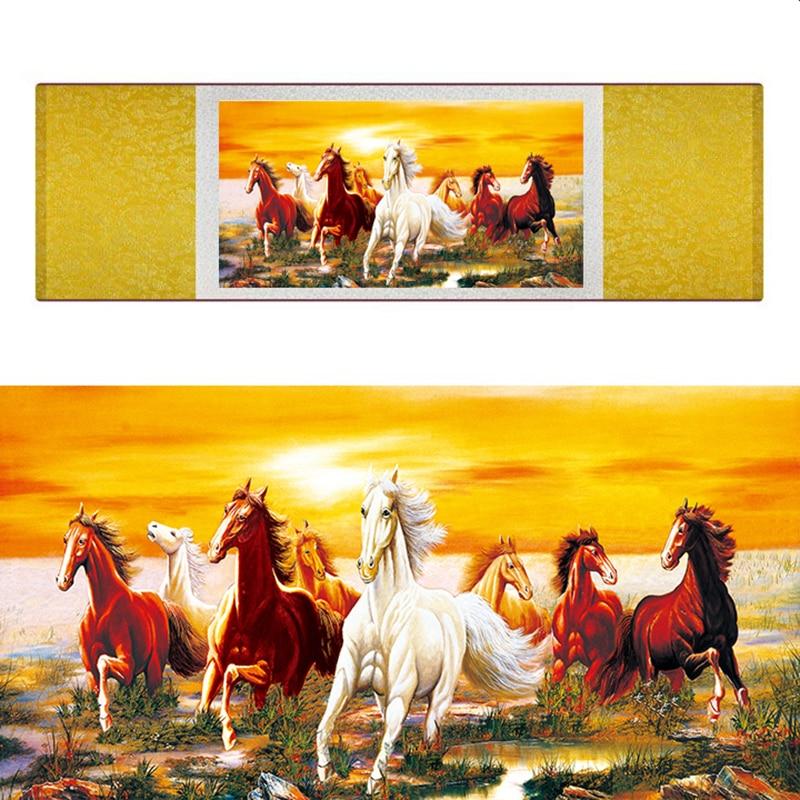 Chinese Art Scroll Painting Animal Horse Eight Ancient Silk Picture Wall Ideas 18632-Chinese Style Finds™